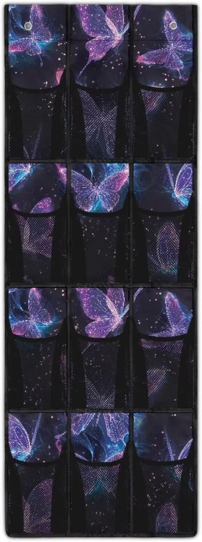 Shoe Organizer Door Hanger,Dreamy Butterfly Design Storage for Small Spaces,Over the Door Shoe Organizer with 12 Mesh Large Pockets Waterproof Reusable