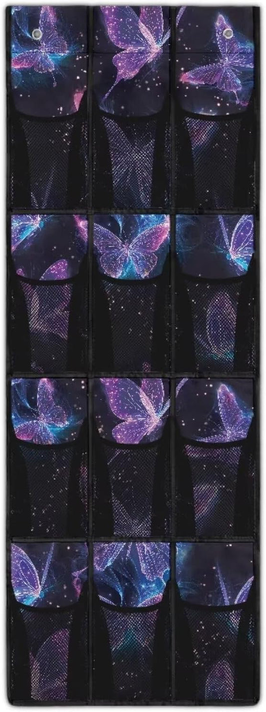 Shoe Organizer Door Hanger,Dreamy Butterfly Design Storage for Small Spaces,Over the Door Shoe Organizer with 12 Mesh Large Pockets Waterproof Reusable