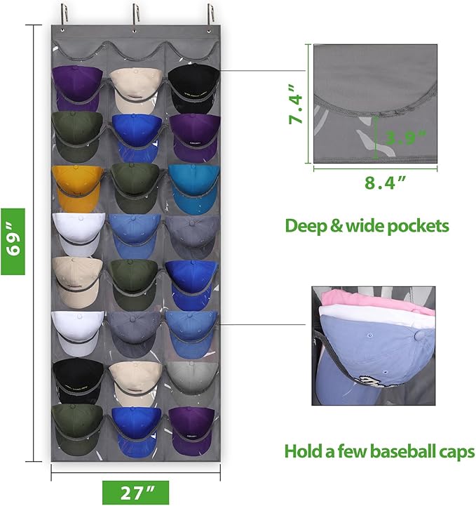 Dofilachy Hat Rack - Hat Organizer - Hat Racks for Baseball Caps, Visible Hat Holder - Baseball HatRack for Wall Door with 3 Hooks, 27 Deep Pockets