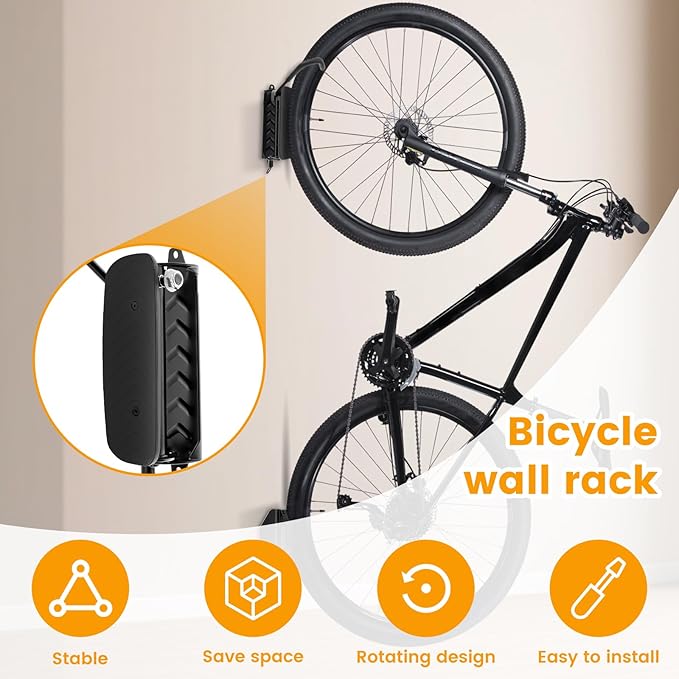 Bicycle Wall Mount, Bike Rack Garage 30 kg Load Capacity Swivel Bike Stand Anti Rust Coating for Garage Basement Balcony Corridor