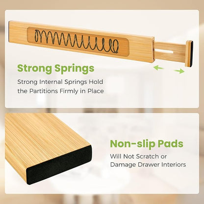Fyvva Drawer Divider, Adjustable Bamboo Kitchen Drawer Organizer, Spring Loaded Drawer Organizer, Dresser Separators for Kitchen, Bathroom, Clothes, Office Desk Storage (Natural, 8 Pack Large)