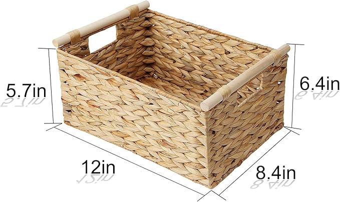 Natural Water Hyacinth Storage Baskets for Organizing Small Wicker Baskets With Handles, Woven rectangle Baskets for Storage Baskets for Shelves, Large Rectangular Towel Basket