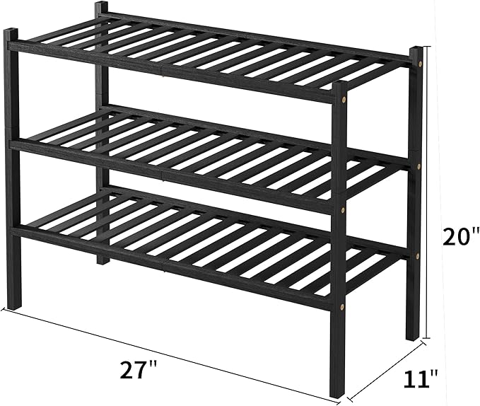 ROMGUAR CRAFT 3 Tier Bamboo Shoe Rack for Closet Free Standing Wood Shoe Shelf Storage Organizer for Entryway Small Space Stackable 27"x11"x20" (Black)