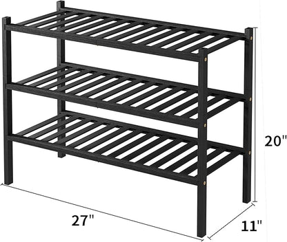ROMGUAR CRAFT 3 Tier Bamboo Shoe Rack for Closet Free Standing Wood Shoe Shelf Storage Organizer for Entryway Small Space Stackable 27"x11"x20" (Black)