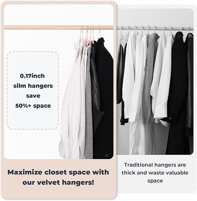 Pink Velvet Hangers 50 Pack, Felt Covered Non Slip Fabric with Stackable Cascading Hook, Ultra Thin and Space Saving with 360° Swivel Neck, 15Lbs Capacity for Clothes, Suit, Shirt, Coat