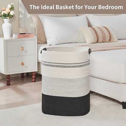 AINUOQI Laundry Basket with Handles - Blanket Basket & Hampers for Bedroom Aesthetic, Laundry Hamper & Blanket Storage for Living Room, Clothes Hamper, Tall, Large 17" x 14" x 22”, Black & White