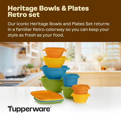 Tupperware Heritage Retro Collection, Bowls & Plates, 20 Piece Food Storage Container Set in Retro Colors, Dishwasher Safe and BPA Free