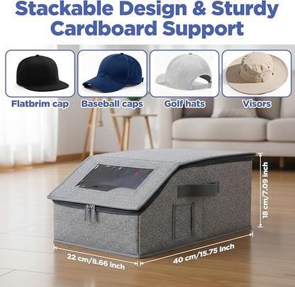 4 Pcs Stackable Hat Organizer for Baseball Caps, Grey Storage Box with Clear Window Lid, Holds up to 48 Caps, Space Saving Closet Organizer for Snapbacks, Foldable and Breathable Design