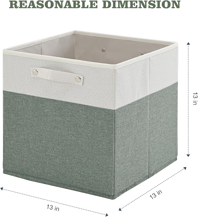 FinishingBo 13 x 13 Inch Fine Linen Storage Bins with Handles，Fabric Cube Boxs，Basket Organizers for Shelves for Home, Closet Drawers (White/Green-4 Pack )