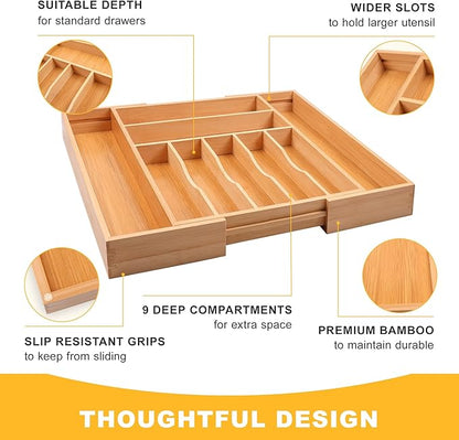 Large Premium Bamboo Silverware Organizer - Expandable Drawer Organizer & Utensil Organizer - 17"x19.7" Cutlery Tray with Dividers for Kitchen Utensils and Flatware (7-9 Slots) (Natural)