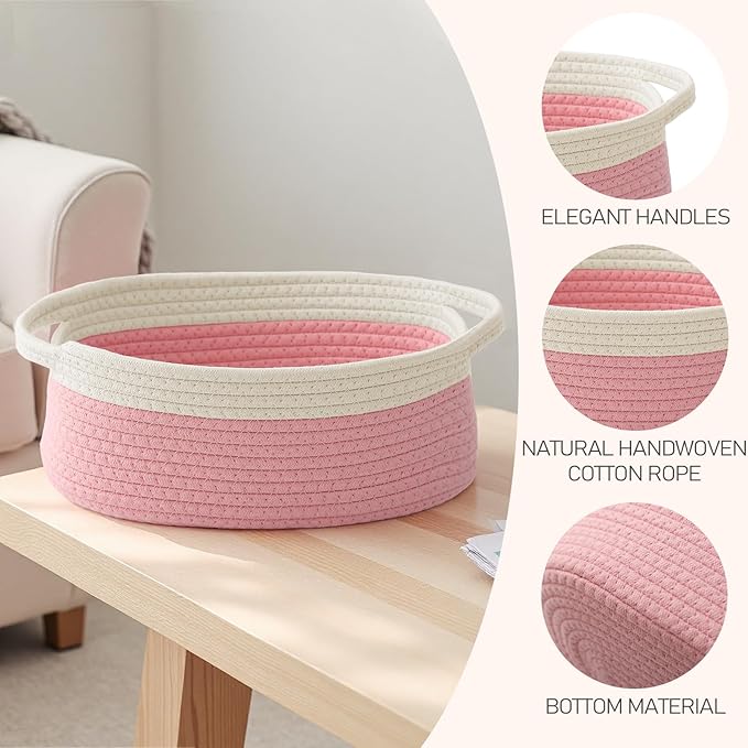 JMvicyroam Woven Basket,Small Rope Storage Bin with Handles & Ribbon Bag, Organizer for Shelves Closets,Gift Basket Empty for Birthday,Books,Dog Toys, White&Pink/2 Pack