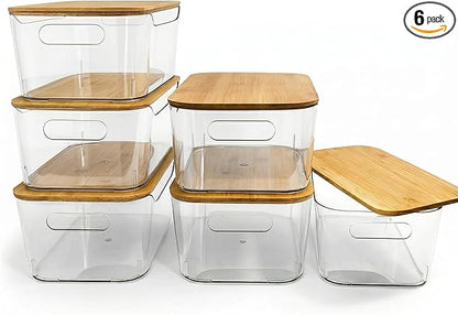 CiWiVOKi 6 Pack Clear Stackable Storage Bins with Bamboo Lids, 3.7L BPA-Free Plastic Organizer Containers with Handles, for Pantry, Kitchen, Fridge, Bathroom, Cabinet & Closet Organization