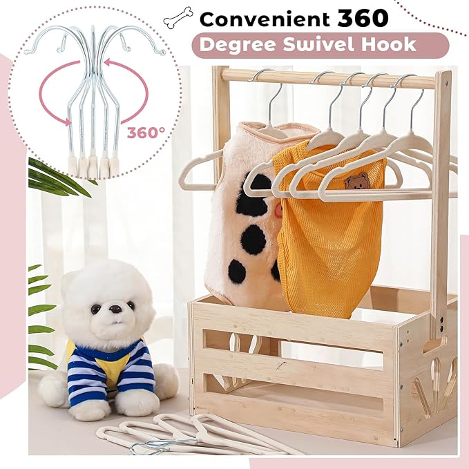 Weysat 24 Pcs Dog Clothes Hangers 11'' Non-Slip & 360° Swivel Velvet Small Pet Beige Hangers for Cats/Dogs with Rustproof Metal Hooks, Space-Saving for Home Storage & Grooming Salons Minimalism