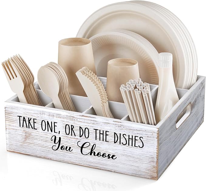 ALELION Rustic White Plate and Utensil Caddy, 6-Compartment Paper Plate and Cutlery Holder with Handles, Kitchen and Party Organizer for BBQs, Picnics, and Gatherings