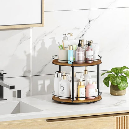 12.4" Lazy Susan Organizer 2 Tier, Rotating Spice Rack, Wooden Spinning Spice Holder for Inside Cabinet, Pantry, Kitchen, Countertop, Bathroom and Vanity, Versatile Storage