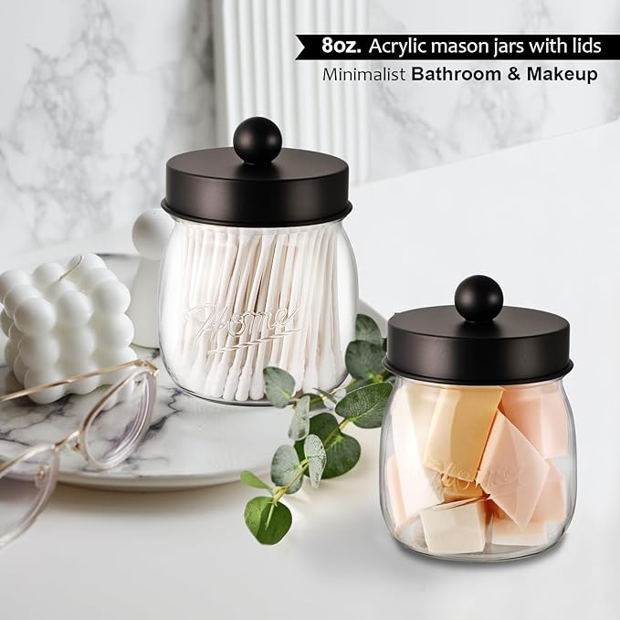 SheeChung 3 Pack Qtip Holder Bathroom Jar Set, Apothecary Mason Jar for Bathroom Vanity Home Storage Organizer, Plastic Acrylic Qtip Dispenser, Cotton Swabs, Floss Picks, Farmhouse/Home Decor (Bronze)
