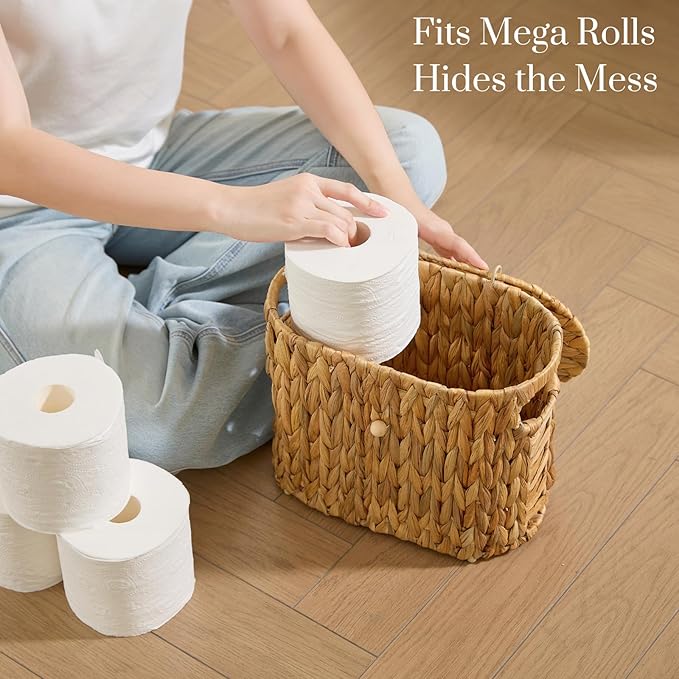 YANGQIHOME Toilet Paper Storage, Water Hyacinth Toilet Paper Storage with Lid, Papers Container for up to 4 Mega Rolls, Bathroom Basket Organizer