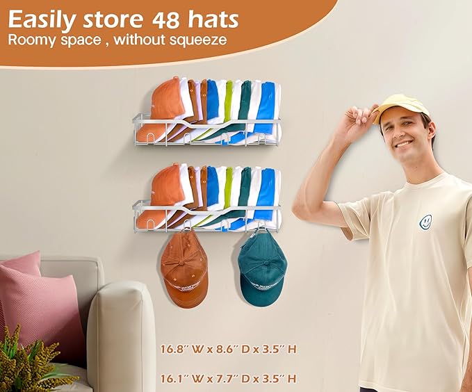 KEETDY Metal Hat Racks for Baseball Caps Wall Hat Organizer Fit 48 Caps Holder, 2 Packs Sturdy Wall Mounted Snapback Storage Organizer, Silver