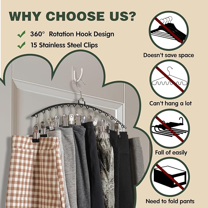 2 PCS Leggings Organizer for Closet Hanging, 360° Swivel Hook Trouser Hangers with 30 Clips Holds 30pcs Shorts/Skirts/Hats, Space Saving Pants Hangers, Closet Organizers and Storage