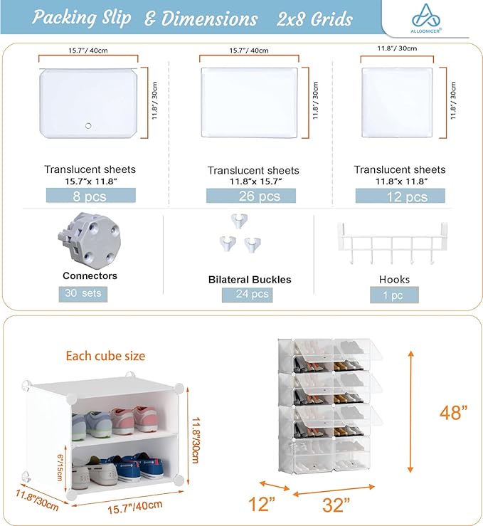 Patented Shoe Racks Organizers Shelves, Floor-Standing, Wall Hanging, Sturdy and extendable. Easy DIY Assembly, for Door Entrance, Closet, and Workplace (2x8Grid, Translucent)