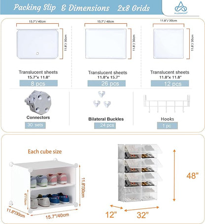 Patented Shoe Racks Organizers Shelves, Floor-Standing, Wall Hanging, Sturdy and extendable. Easy DIY Assembly, for Door Entrance, Closet, and Workplace (2x8Grid, Translucent)