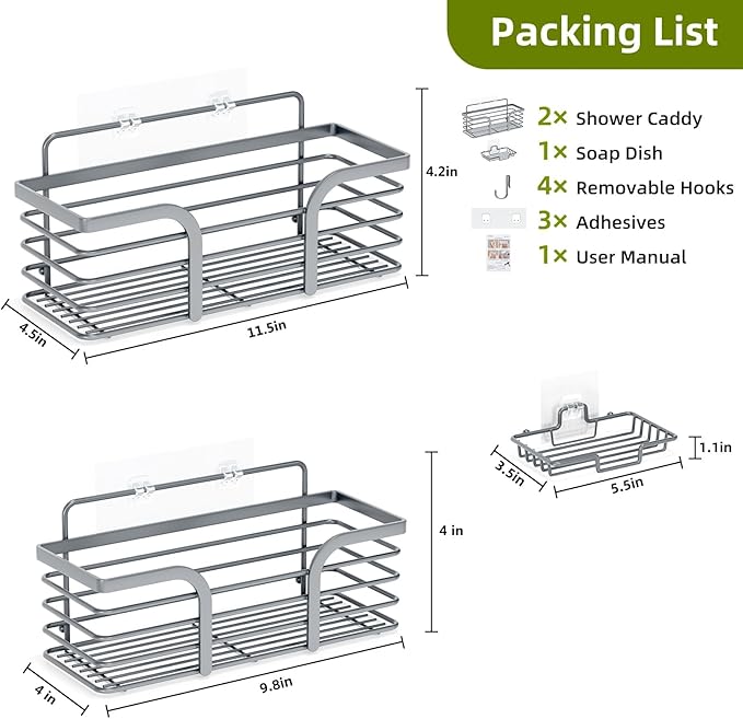 Yougai Shower Caddy, Shower Organizer with Soap Holder and Hooks, Rustproof Shower Shelves, No Drilling Bathroom Organizers and Storage, Wall-Mounted Kitchen & Home Decor, Light Grey