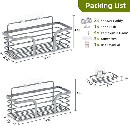 Yougai Shower Caddy, Shower Organizer with Soap Holder and Hooks, Rustproof Shower Shelves, No Drilling Bathroom Organizers and Storage, Wall-Mounted Kitchen & Home Decor, Light Grey