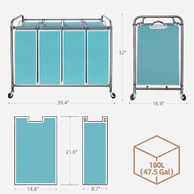 STORAGE MANIAC Laundry Sorter 4 Section, 47.8 Gal (181 L) Laundry Hamper with Wheels, Clothes Divider Basket Sorter, Clothes Separator Hamper Cart with Wheels and Removable Bags, Blue