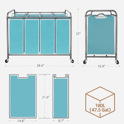 STORAGE MANIAC Laundry Sorter 4 Section, 47.8 Gal (181 L) Laundry Hamper with Wheels, Clothes Divider Basket Sorter, Clothes Separator Hamper Cart with Wheels and Removable Bags, Blue