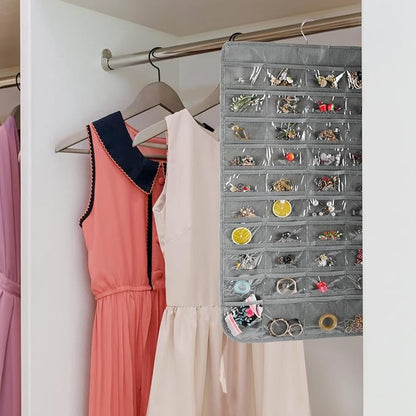 Bloss Hanging Jewelry Organizer, Earring Organizer Double Sided 80 Pocket Jewelry Chain Storage Bag 2 Layer of Fabric Jewelry Holder for Necklace Bracelet - Gray