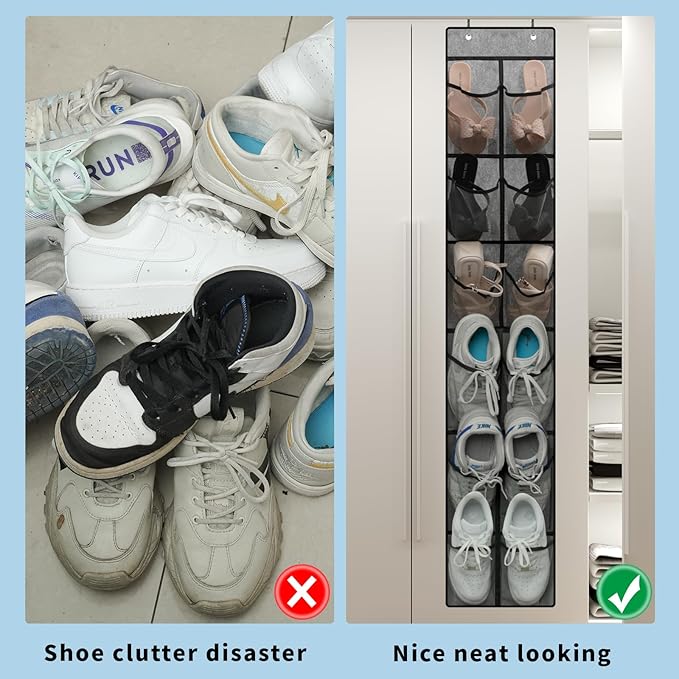 MSLOVE Narrow Over The Door Shoe Organizer, 12 Large Mesh Pockets Hanging Shoe Organizer for Closet Organizers and Storage, Grey, 2 Pack