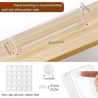 6 Pcs Large Clear Plastic Drawer Organizers Tray 12"x3" Storage Bins with 25 Pcs Non-Slip Pads for Makeup, Jewelries, Kitchen Utensils, Bathroom and Office