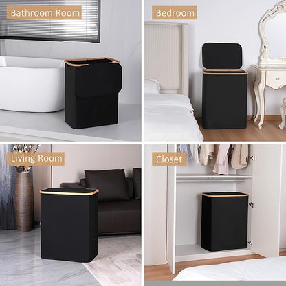 iEGrow 150L Laundry Basket with Lid,Large Laundry Hamper with Bamboo Handles, Hampers for Laundry, Dirty Clothes Hamper with 2 Removable Inner Bags for Clothes Towels,Black