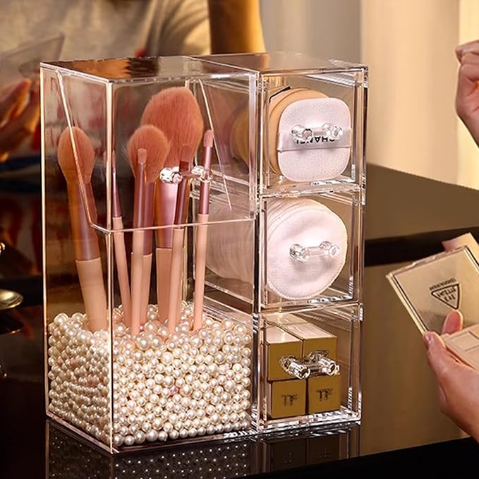 ShellKingdom Makeup Brush Holder,Clear Cosmetic Brushes Organizer With Drawer for Storage Brushes with Lid and Pearl for Dressing Tables and Vanity