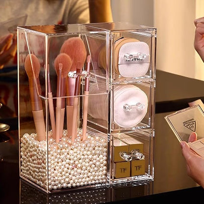 ShellKingdom Makeup Brush Holder,Clear Cosmetic Brushes Organizer With Drawer for Storage Brushes with Lid and Pearl for Dressing Tables and Vanity