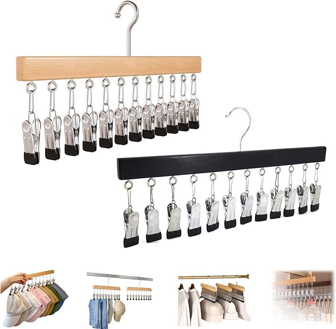 Closet Organizer with 10 Clips, Space Saving Hanging Closet Organizer, Legging Hanger for Closet Organizer with 10 Clip for Storing Jeans, Legging, Shorts (Black+Wood-12 Clips, 2PCS)
