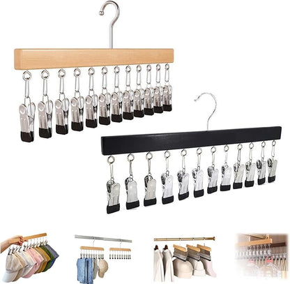 Closet Organizer with 10 Clips, Space Saving Hanging Closet Organizer, Legging Hanger for Closet Organizer with 10 Clip for Storing Jeans, Legging, Shorts (Black+Wood-12 Clips, 2PCS)