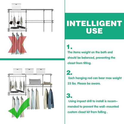 Tangkula 3 to 5 FT Custom Closet Organizer System Kit, Wall-Mounted Storage Organizer with Wire Shelving and Hanging Rods, Adjustable Closet Organizer Kit, Configurations Custom Closet for Bedroom
