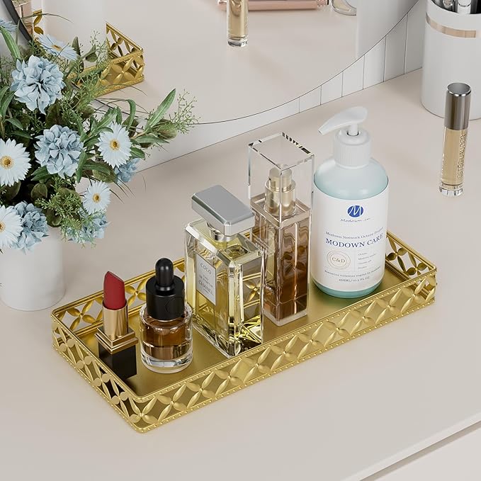 Bathroom Vanity Tray for Counter Organizer - 11 Inch Small Decorative Tray Gold Rectangle Countertop Tray for Perfume Makeup Cosmetic Jewelry