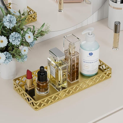 Bathroom Vanity Tray for Counter Organizer - 11 Inch Small Decorative Tray Gold Rectangle Countertop Tray for Perfume Makeup Cosmetic Jewelry