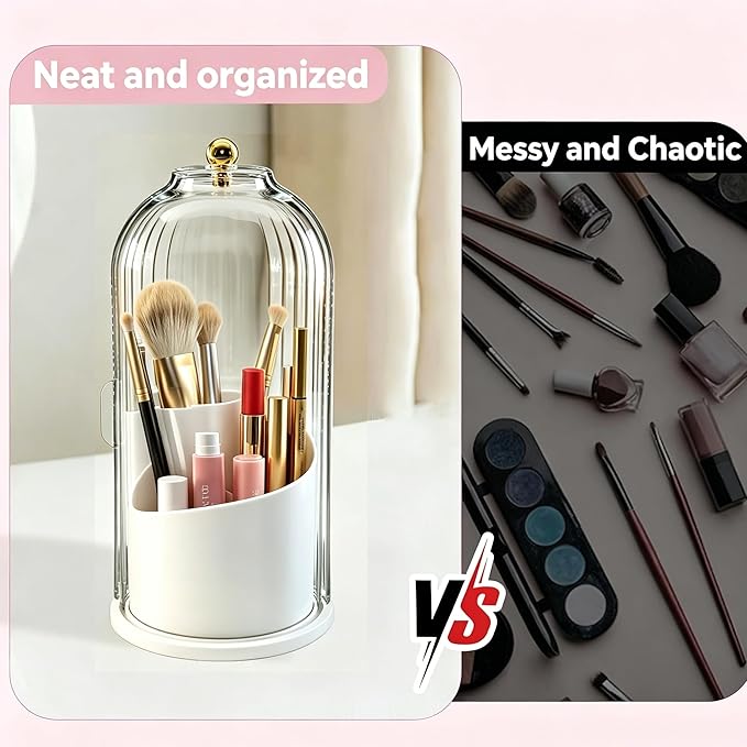 360° Rotating Makeup Brush Holder, Cosmetic Organizer with 180° Sliding Lid, Beauty Brush Storage for Vanity, Desk, Bathroom Countertop