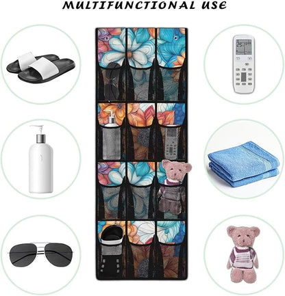 Bohemian Over The Door Shoe Organizer Space Saving Foldable Hanging Storage Holder 12 Mesh Pockets for Kitchen, Office, Dorm Rooms