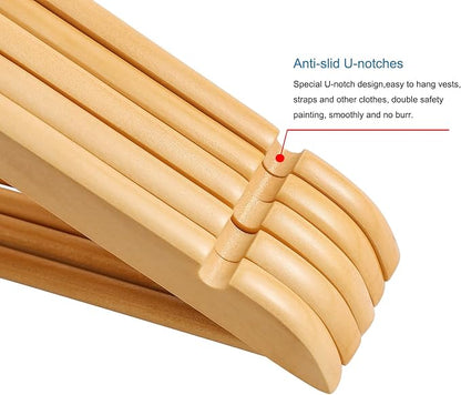 Wooden Coat Hangers 20 Pack,Nature Color with Shoulder Notches Suitable for Slip Dresses,Shirts, Blouses,Coats,360° Rotating Silver Hook Solid Wood Hanger