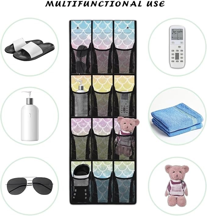 Mermaid Scale Door Organizer Hanging Shoe Organizer for College Dorm Room 12 Compartment Breathable Mesh Pocket Over the Door Hanging Storage Bag for Kids Room