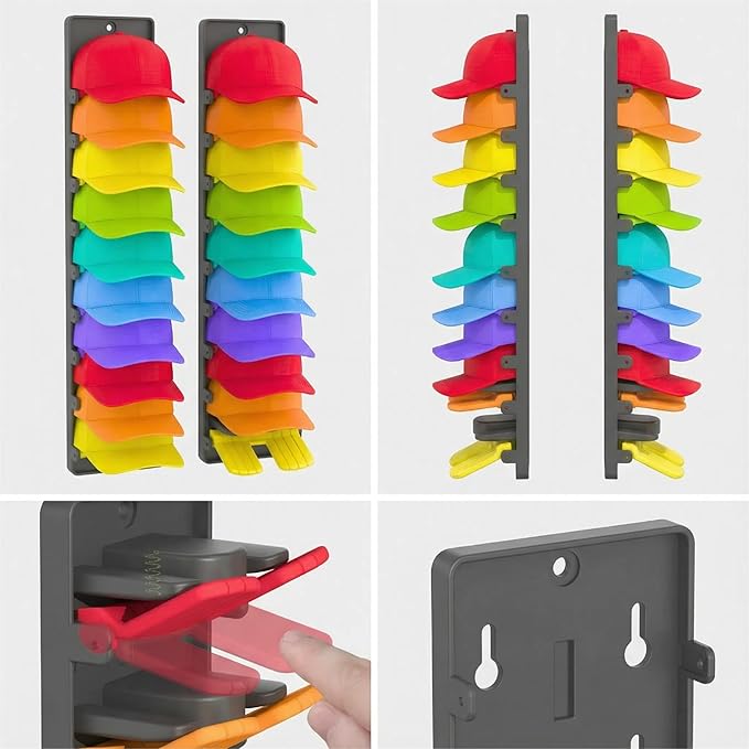 Baseball cap storage box set of 2 - Wall-mounted hat rack, a design suitable for wall-mounted hat racks, saves space and features a built-in spring clip hat hanging storage device (black)