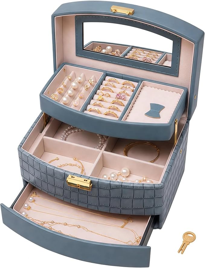 Elegant 3 Layer Lockable Jewelry Box for Women – Mirrored Jewelry Organizer with Key & Drawer, Travel Friendly PU Leather Storage Case,Gift for Wife, Mom, Daughter(Blue)
