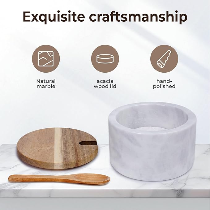 A salt cellar with a wooden lid and spoon,Elegant Kitchen Salt Container for Storage Pepper Spice Bath Salt Sea Salt
