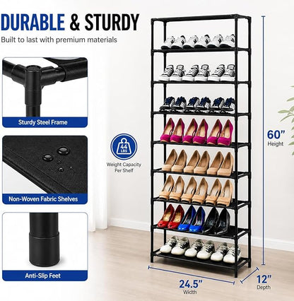 10 Tiers Tall Shoe Rack, 30 Pairs Large Capacity Shoe Organizer, Durable Steel & Non-Woven, Portable with Handle, Easy to Assemble for Closet, Bedroom, Dorm, 24.5 x 12 x 60''
