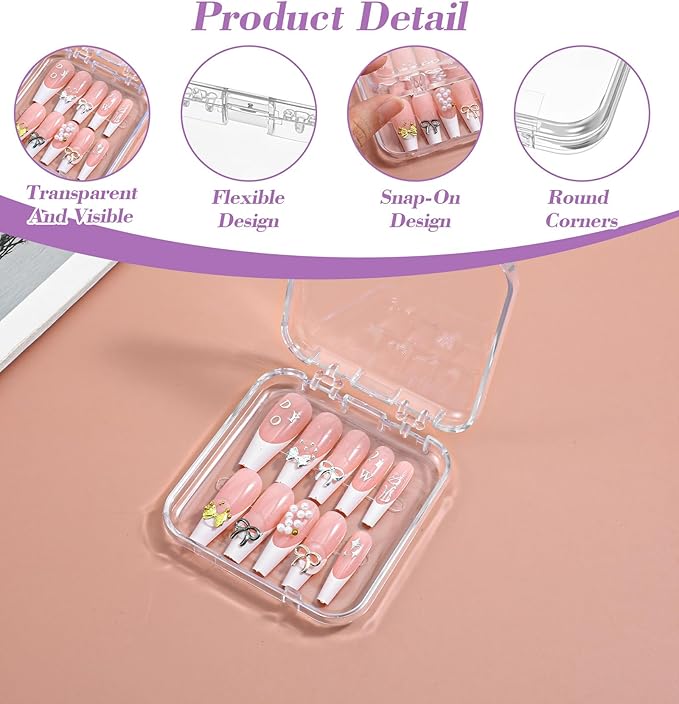 8Pcs Press On Nail Cases, Press On Nails Packaging Transparent Nails Storage Box for Manicurist & Enthusiasts, Includes 60Pcs Double Sided Adhesive Tape Organizing Lightweight