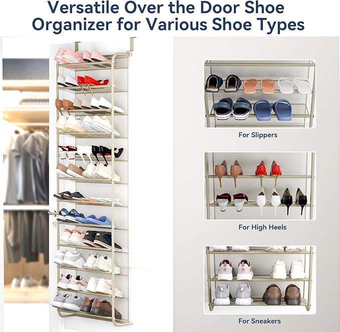 Whitmor 36 Pair Over The Door Shoe Organizer, 12 Tier Hanging Shoe Organizer, Heavy Duty Metal & Mesh Shoe Holder, Hanging Shoe Rack for Closet Organizer & Storage, 74" L x 21.7" W x 7.5" H, Oat